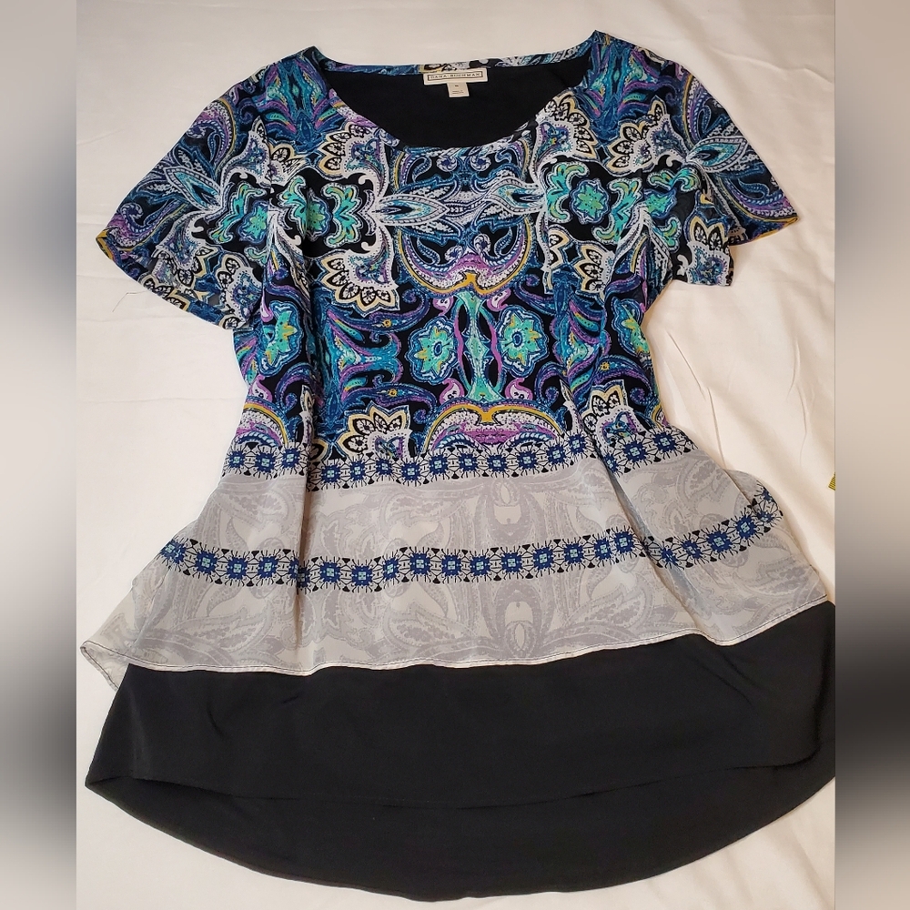 Dana Buchman Blue And Green sheer blouse biult in tank high low fun. Size:S - Picture 6 of 7